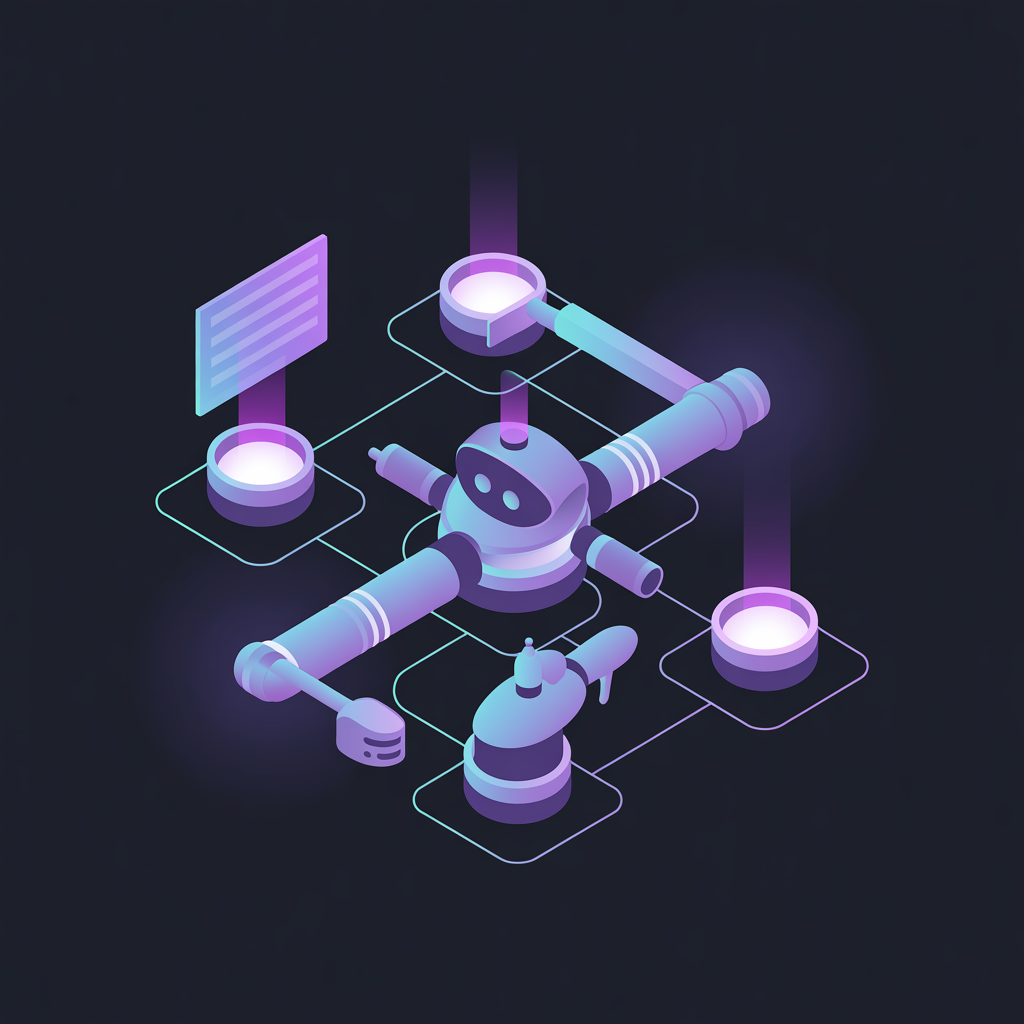 AI automation pipeline visualization showing data flowing through intelligent processing nodes